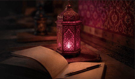 A lantern beside an open book