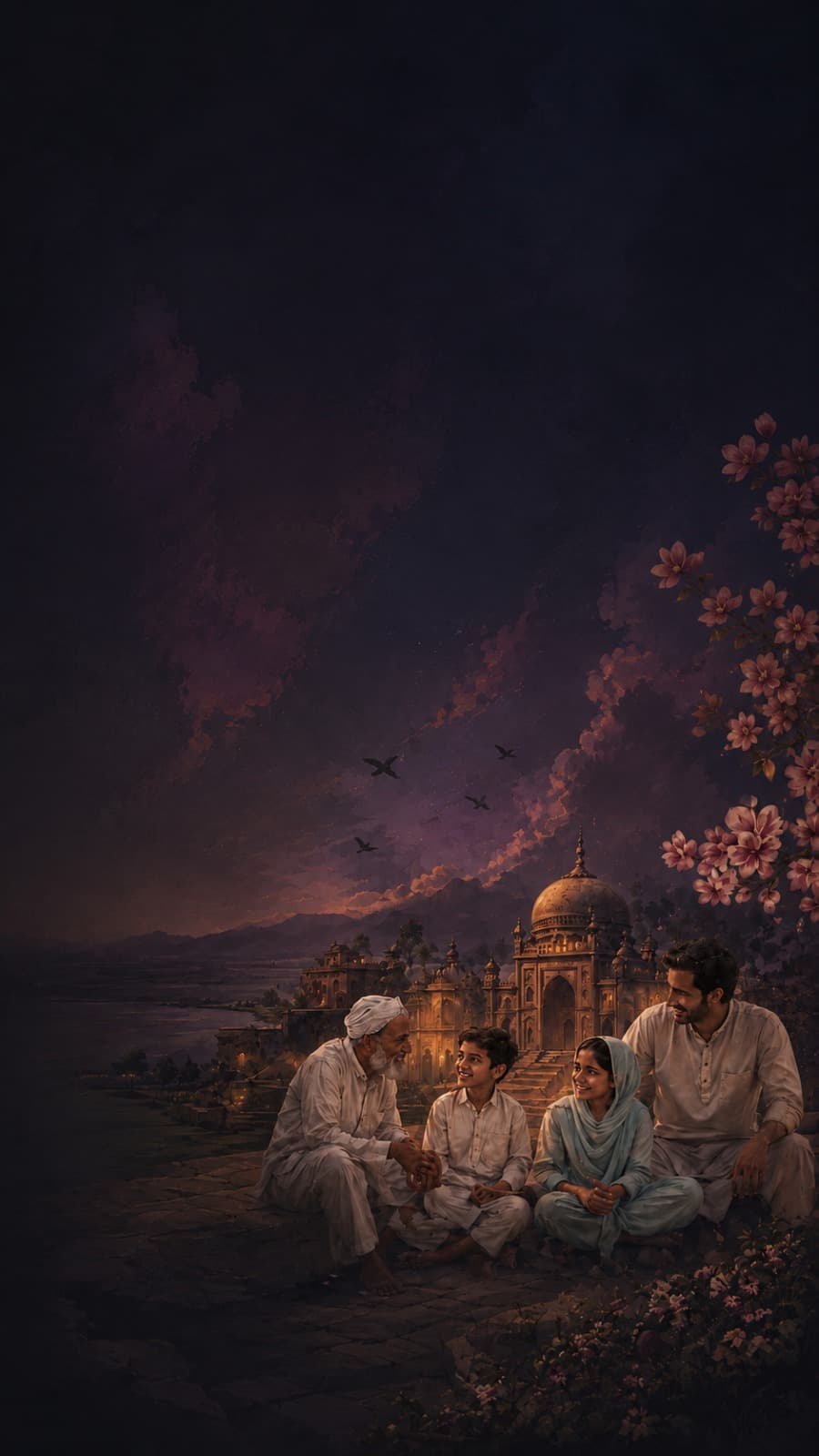 Mewati family with heritage architecture and blossoms