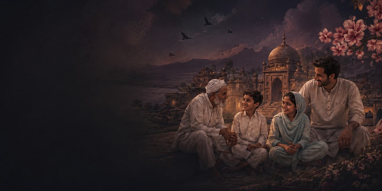 Mewati family with heritage architecture and blossoms