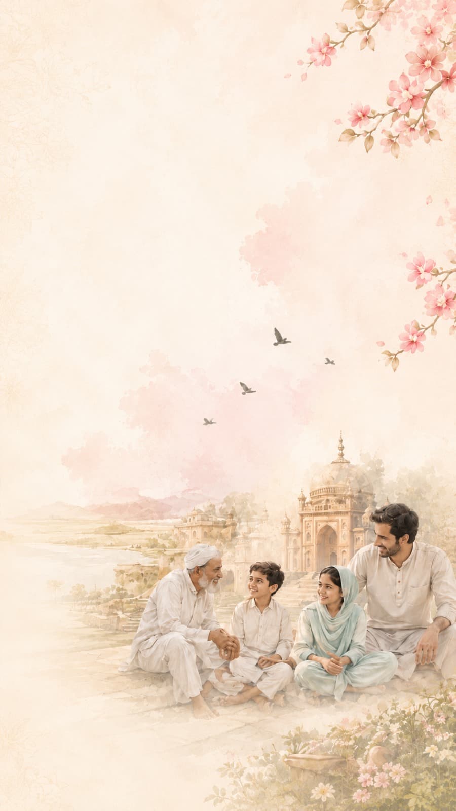 Mewati family with heritage architecture and blossoms