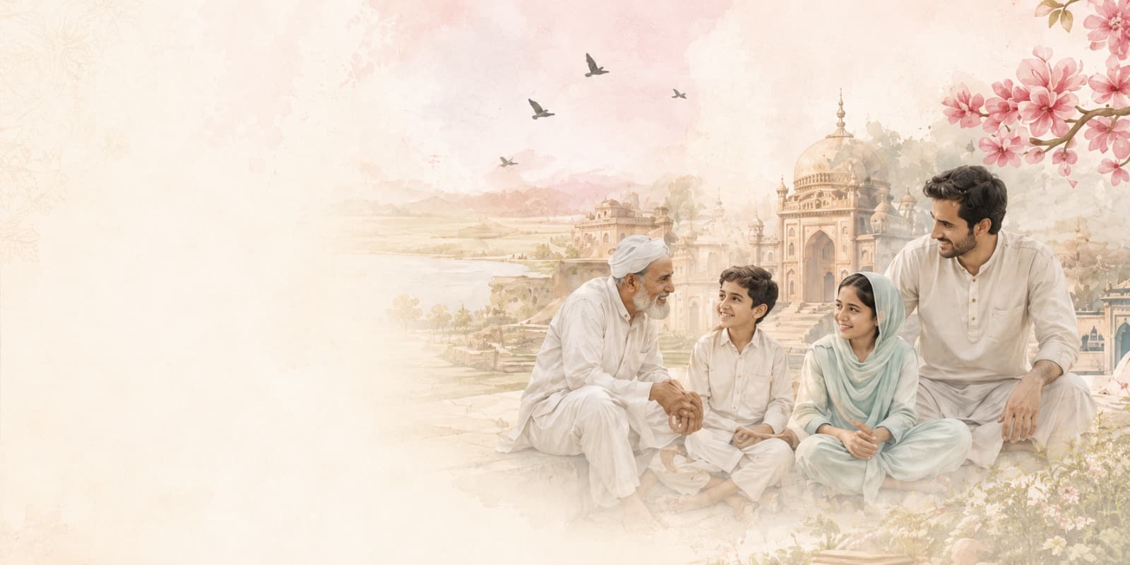 Mewati family with heritage architecture and blossoms